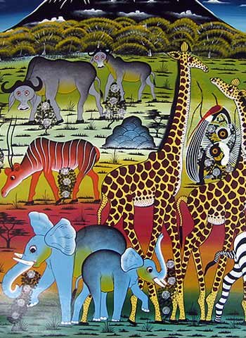 African painting of elephants, zebra, giraffes and wildebeest