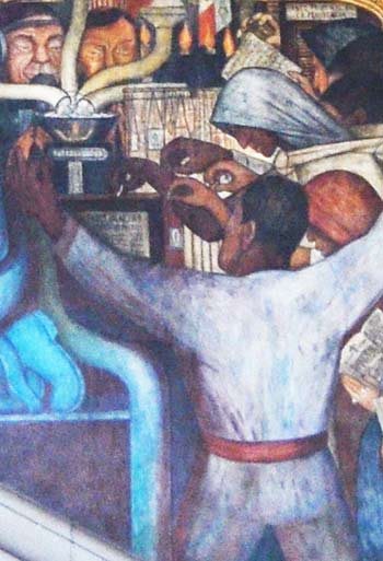 Parte izquierda del mural de Diego Rivera Epopeya del pueblo mexicano, en el Palacio nacional de México. 
