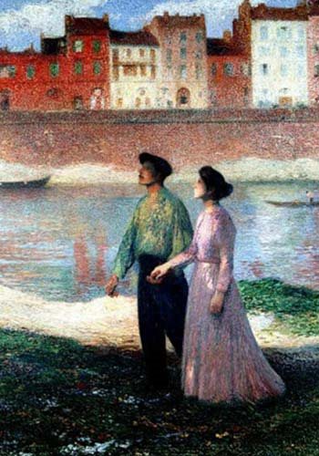 impressionist painting by Henri Martin of a couple by a river