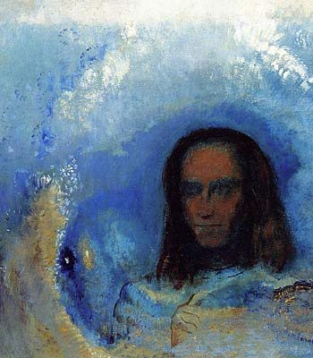 Odilon Redon's impressionistic painting, Silence, depicts the head of a man and his raised hand, surrounded by what appears to be an ocean wave and shells.