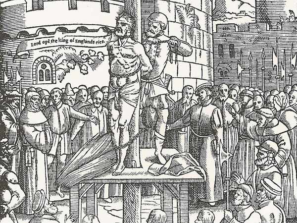 An engraving from Foxe's Book of Martyrs depicting William Tyndale's martyrdom.