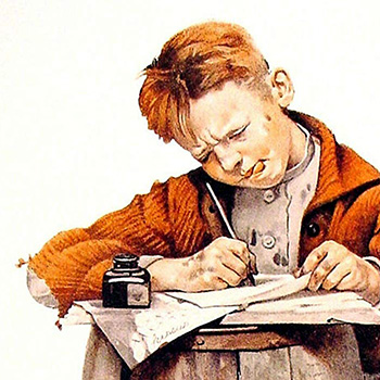 detail of Little boy writing a letter by Norman Rockwell