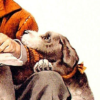 detail of Little boy writing a letter by Norman Rockwell