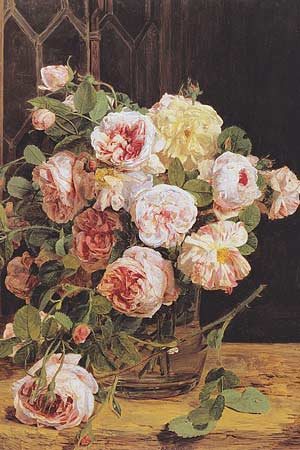 A painting showing a bucket of pink and yellow roses standing on a windowsill.