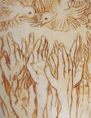 drawing of hands reaching up to flying doves