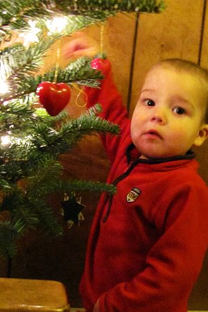 A small child standing at a lighted Christmas tree.