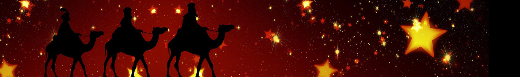 Silhouettes of the three kings on camels with a red background and stars