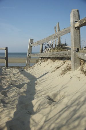 Sand, fence, and sea beyond.