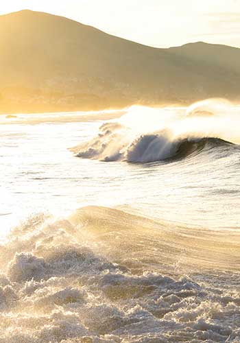 wave lit by bright light breaking on rocks