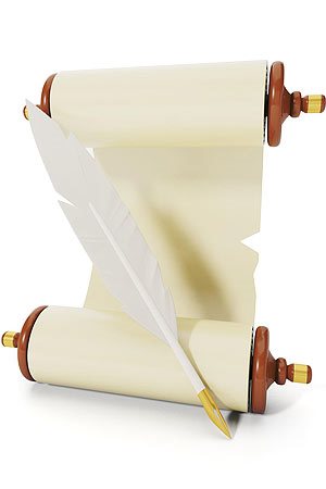 A scroll with rollers top and bottom and a stylus pen.