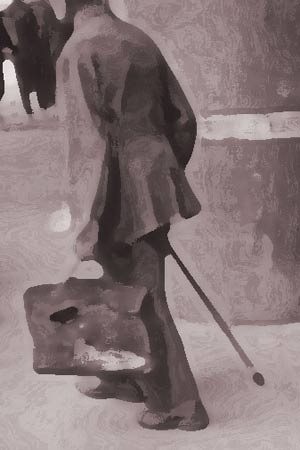 Artwork of a man with a cane.
