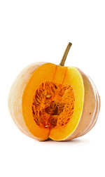 A pumpkin with a slice out