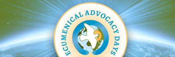 Circle with center of a dove over the earth and words Ecumenical Advocacy Days