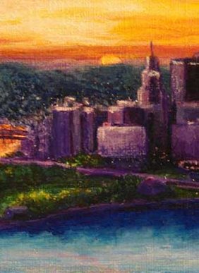 a painting of the Pittsburgh skyline at sunset by Rachel Rodkey