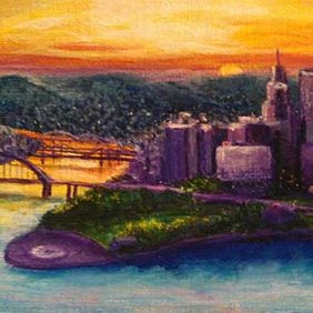 a painting of the Pittsburgh skyline at sunset by Rachel Rodkey