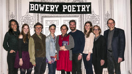 Peggy Ellsberg with poets and authors at the Bowery Poetry Club.