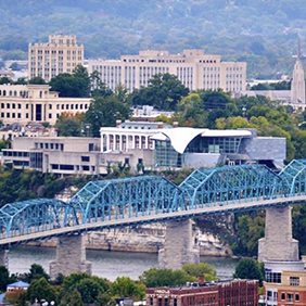 a photograph of a blue bridge, Chattanooga TN