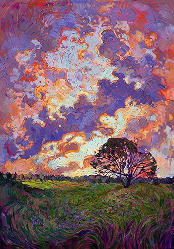 a silhouette of a tree in a field against an impressionistic sunset