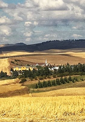 city of Moscow, Idaho surrounded by farm fields