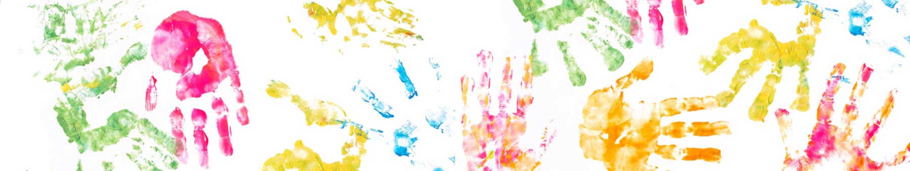 Children's hand prints in bright colors