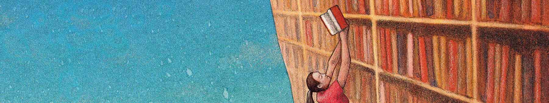 a woman reaching for a book off a shelf