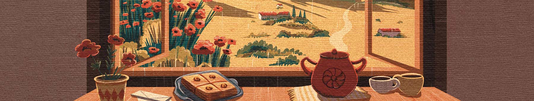 illustration of pastries and coffee by an open window