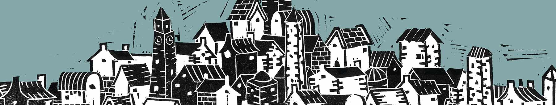 linocut of a city on a hill