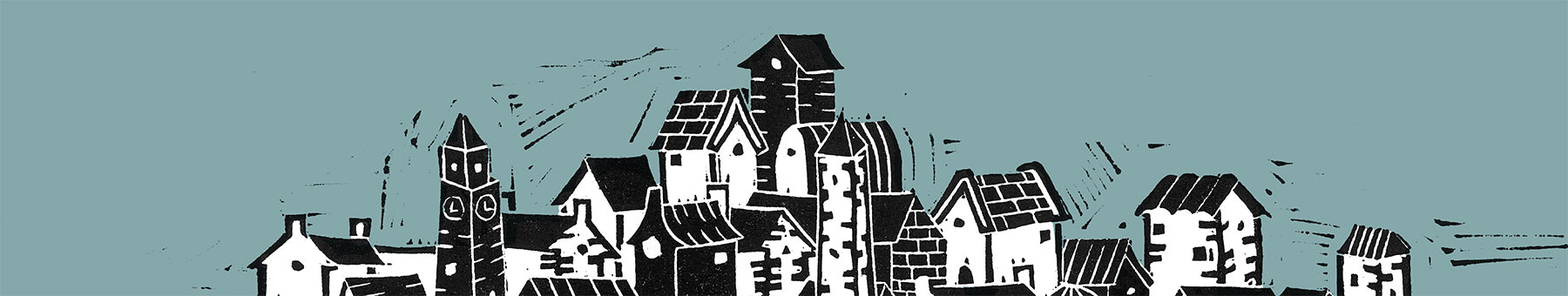 linocut of houses on a hill