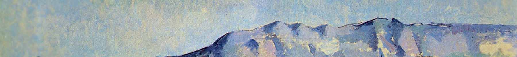 blue and grey image of Mont Sainte-Victoire, Paul Cézanne