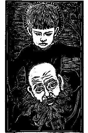 A woodcut by Lisa Toth depicting an elderly man carrying a small child on his shoulders to illustrate the Easter story Christoperus.