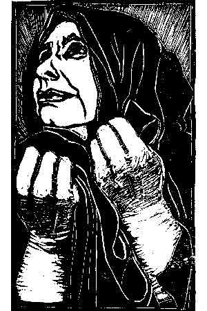 A woodcut by Lisa Toth depicting an elderly woman looking upwards and clutching a piece of cloth to illustrate the Easter story Saint Veronica's Kerchief.