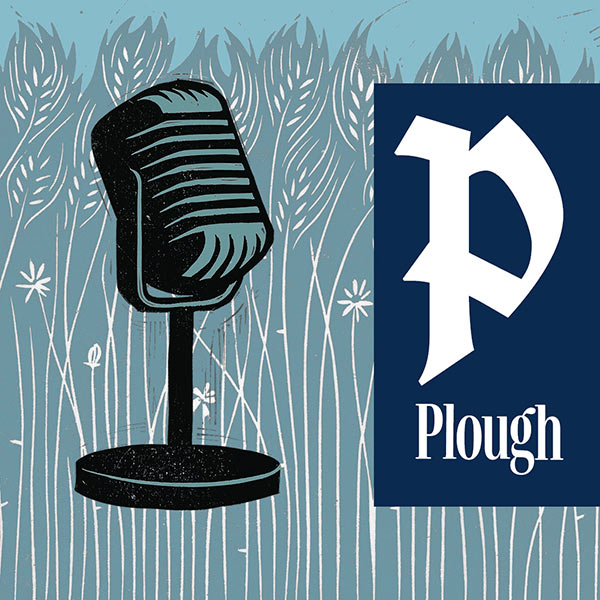The PloughCast logo depicting a microphone against a wheat field