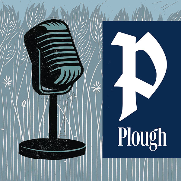 The PloughCast logo depicting a microphone against a wheat field
