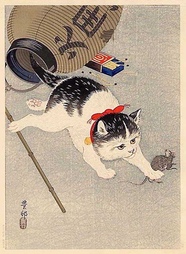 Japanese art of a cat catching a mouse