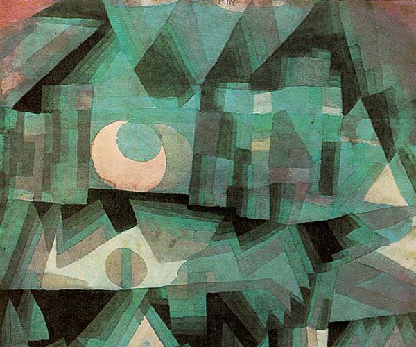 detail from Paul Klee Dream City with geometric shapes in teal and black forming the suggestion of houses