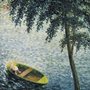painting of boat on lake