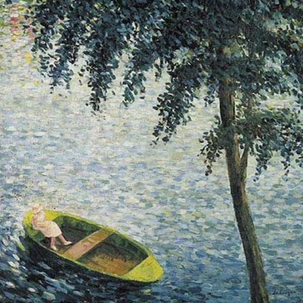 painting of boat on lake