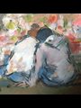 A painting of two mourners sitting before a grave covered with flowers.