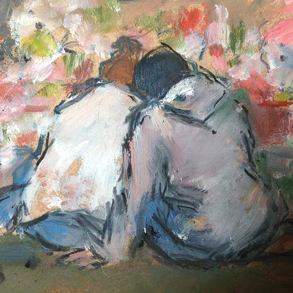 A painting of two mourners sitting before a grave covered with flowers. 