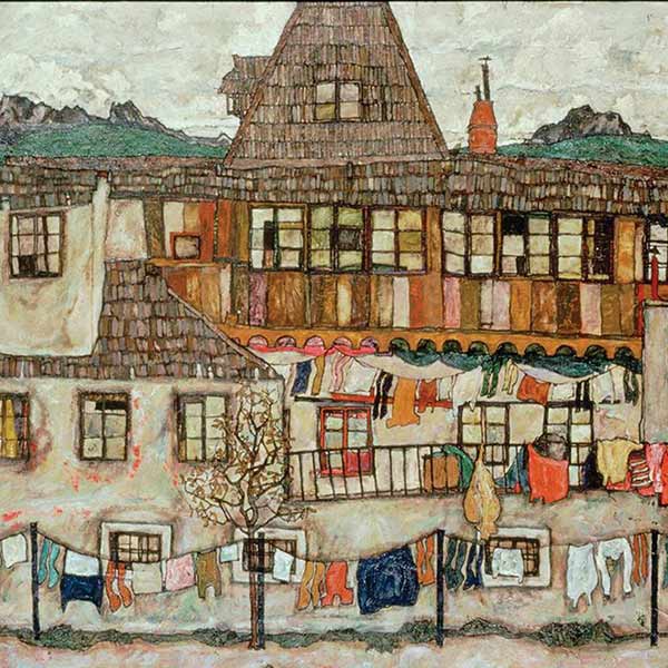 a painting of a village and clothes hanging out to dry