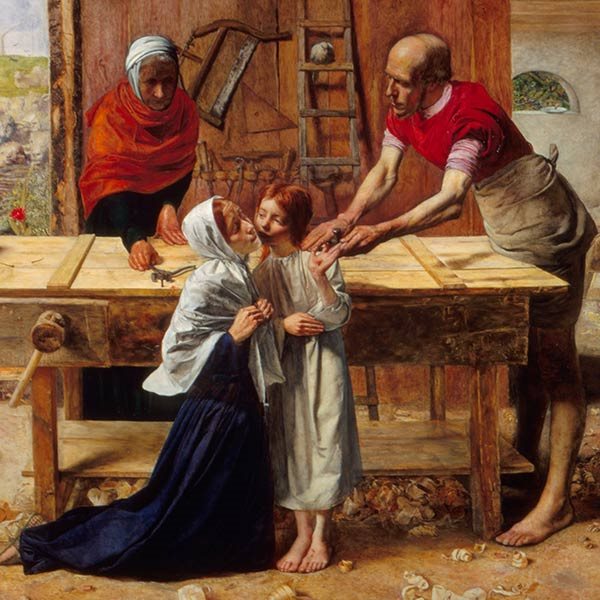 Painting detail depicts Christ in the carpentry shop of his father.