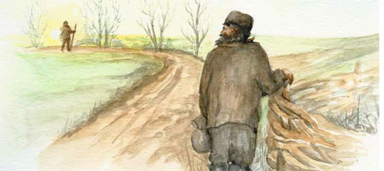 The old man walking down the road and meeting the stranger.
