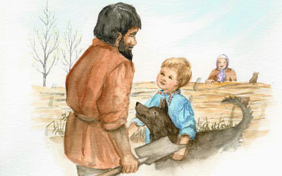 A neighbor passing by Peter and his dog.
