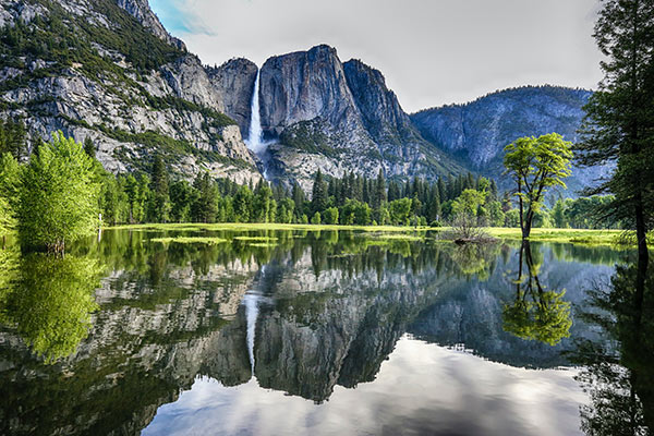 waterfall and lake at Yosemite Park