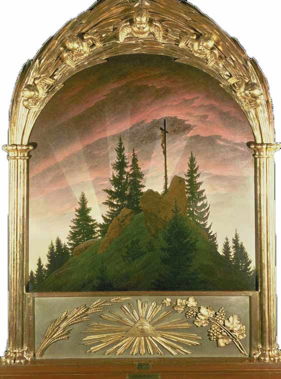 The full painting by Caspar David Friedrich, Cross in the Mountains, including the gilded frame Friedrich designed.