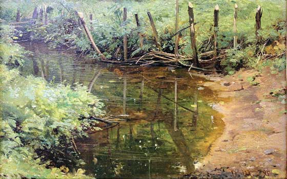 A painting by Ivan Shishkin depicting a country dam made from posts driven into soft mud.
