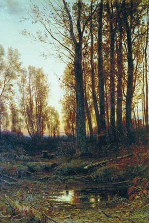 A painting by Ivan Shishkin depicting twilight in a natural spot with trees and a small stream.