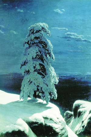 A painting by Ivan Shishkin depicting a tall pine tree covered with snow in a winter landscape.