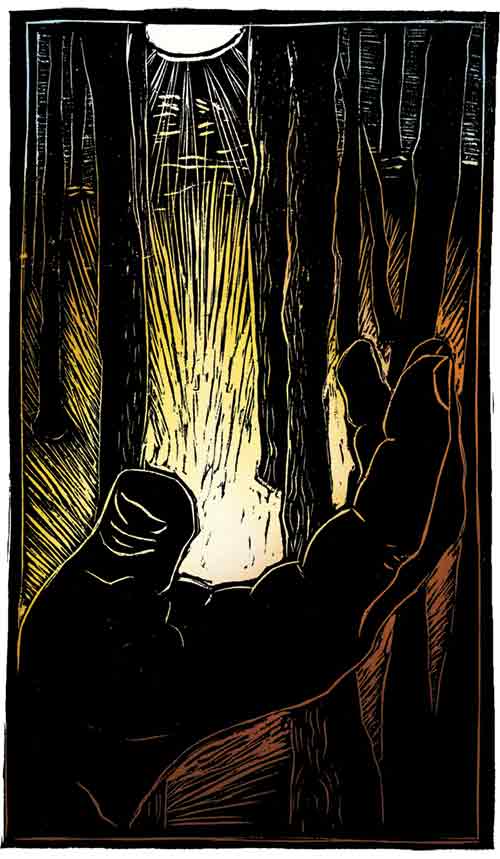 woodcut of hands holding light