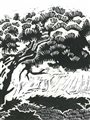 Detail from a Japanese-style block print of a windswept tree.